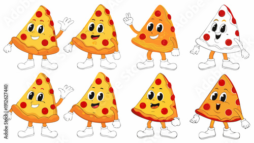 Cartoon pizza slices dancing together with happy faces and different expressions