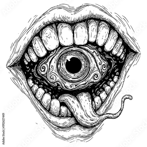 Surreal illustration of open mouth with eye and tongue inside