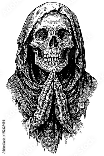 Spooky skeleton in hooded cloak praying with bony hands