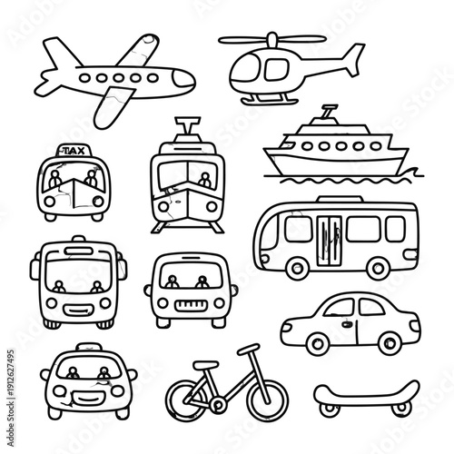 Transportation Variety: A playful illustration showcases a range of transport options, inviting curiosity. Featuring whimsical drawings of a plane, helicopter, boat, bus, car, tram, taxi, bicycle.