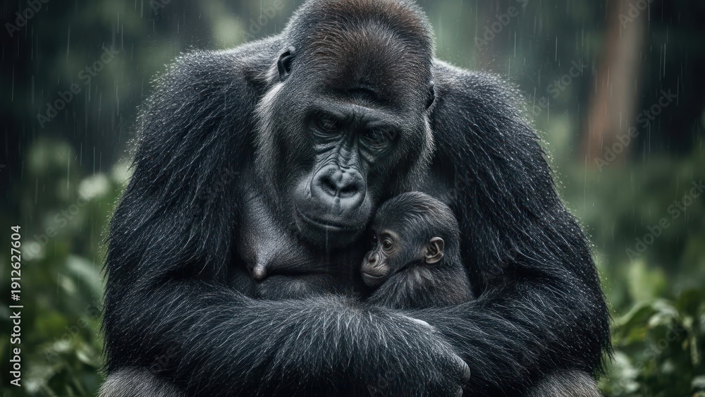 Obraz premium Gorilla Holding Baby in Forest Embrace.