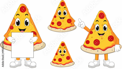 Smiling cartoon pizza slices with customizable sign board