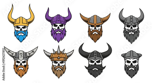 Viking warrior head icons with different horned helmets and beards.