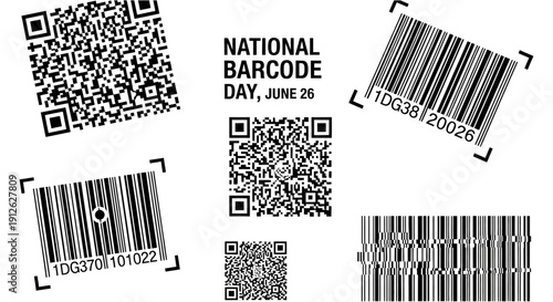 national barcode day june 26 featuring qr and linear barcodes representing digital data commerce logistics.