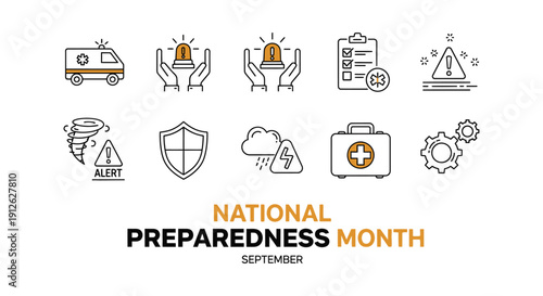 national preparedness month september concept with diverse emergency response disaster relief and safety outline icons on white