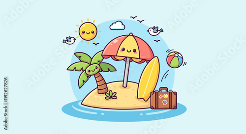 Cartoon illustration of a tropical island getaway with umbrella and luggage.