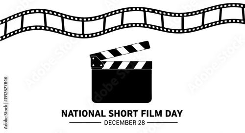 national short film day december 28 celebration graphic featuring film strip and clapperboard for cinema event markets.