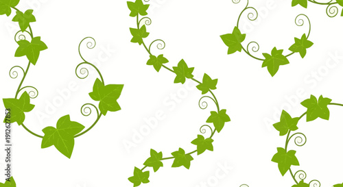 Green ivy leaves and vines seamless pattern on white background.