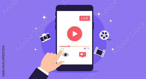 Hand holding smartphone with live video streaming interface on screen.