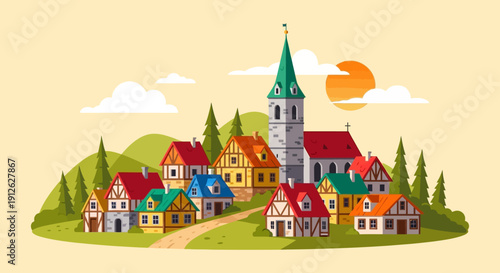 Colorful cartoon village with church and houses on a hill.