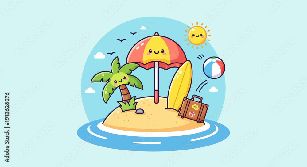 Naklejka premium Cartoon beach scene with smiling sun and palm tree.