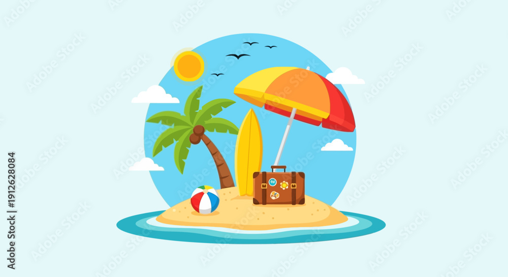 Obraz premium Tropical beach scene with palm tree and umbrella.