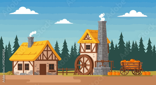 Traditional watermill with wooden wheel and stone house in rural landscape.