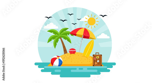 Summer vacation concept with beach elements and travel accessories.