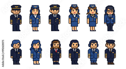 pixel art airline crew characters diverse male and female pilots flight attendants in retro 8-bit uniforms for games.