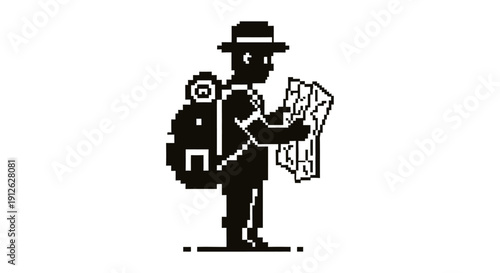 pixel art adventurer with backpack and hat intently studying a paper map embodying digital navigation retro gaming and exploration.