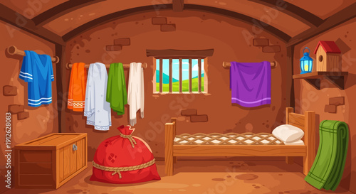 Cozy cartoon bedroom interior with clothes and furniture.