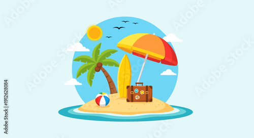 Tropical beach scene with palm tree and umbrella.