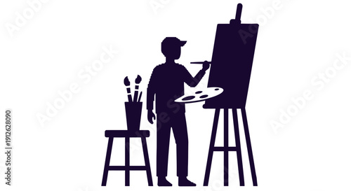 pixel art artist silhouette painting on an easel holding a palette and brush depicting creative process and digital art concepts.