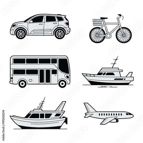 Diverse Transportation: An assortment of various modes of transportation, elegantly illustrated in a grayscale palette, showcasing a modern car, bicycle, double-decker bus, yacht, motorboat.