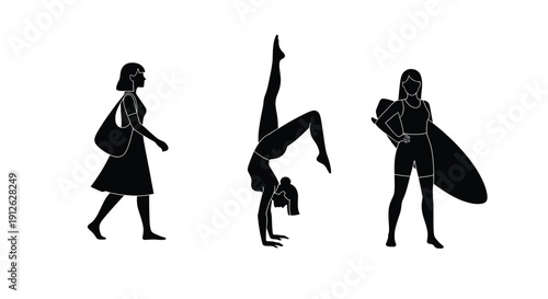 Three silhouettes of people engaged in different activities