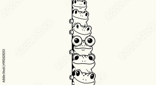 A whimsical illustration of a stack of five cartoon faces with exaggerated features