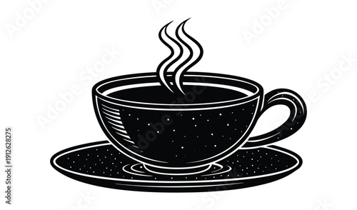 Black and white illustration of a steaming cup of coffee on a saucer