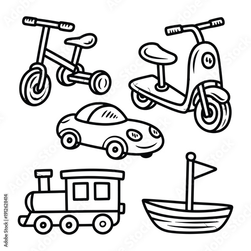 Joyful Toy Collection: An engaging illustration of a collection of beloved childhood toys, each drawn with playful simplicity, evoking memories of endless hours of imaginative play and youthful glee.