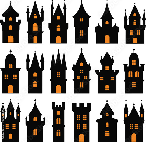 Fantasy castle silhouette icons set with glowing windows isolated on white background, medieval fairytale towers and spooky buildings for Halloween, game, storybook design concepts
