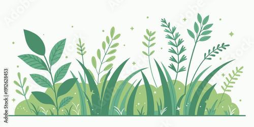 Vibrant green plants and grass with sparkling stars on white background