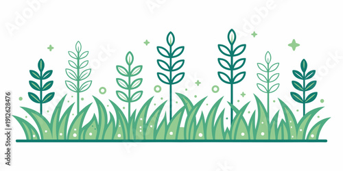 Vibrant green grass and plants growing in a lush landscape with sparkling particles
