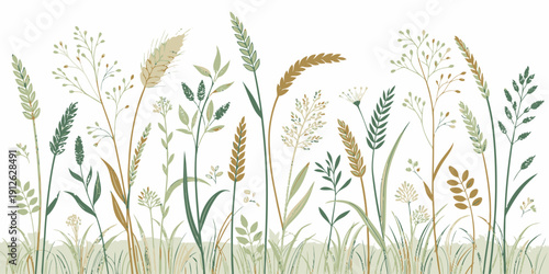 Elegant illustration of various grasses and plants in soft colors