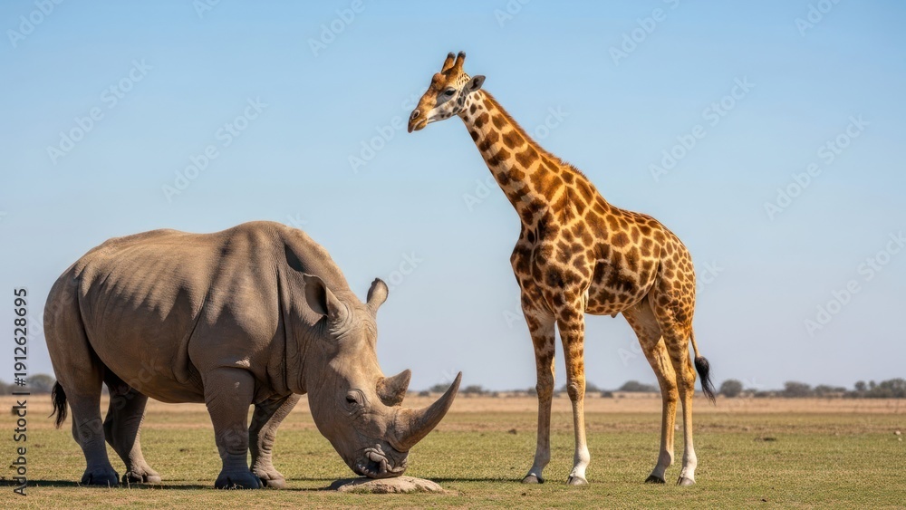 Obraz premium Giraffe and Rhino Standing Together in Savannah.