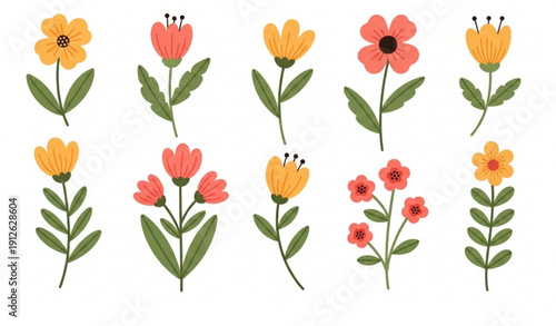 Cute Botanical Floral Elements Flat Vector Set with Groovy Spring Flowers