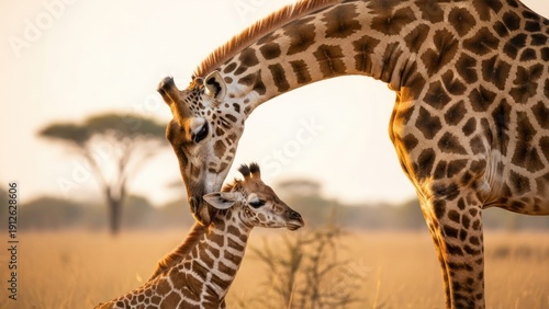 Giraffes Touching Heads in Savannah Landscape.