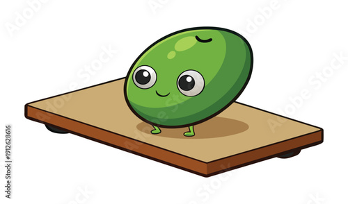 Cute cartoon green olive character riding a skateboard