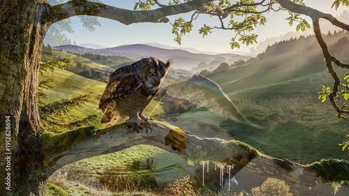 Owl Flying Over River Landscape Scene.