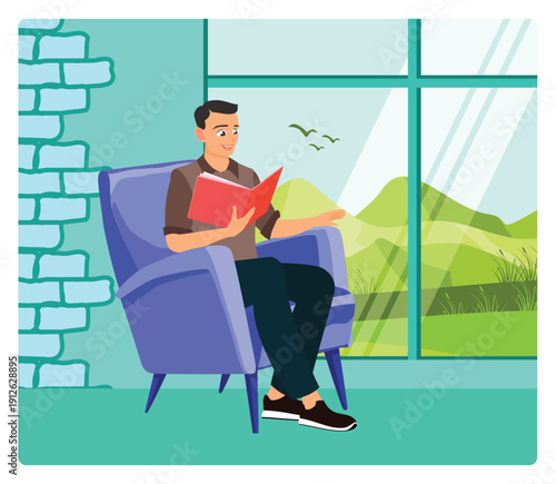 Social isolation concept. Man Reading Red Book in Armchair by Large Window with Mountains View.