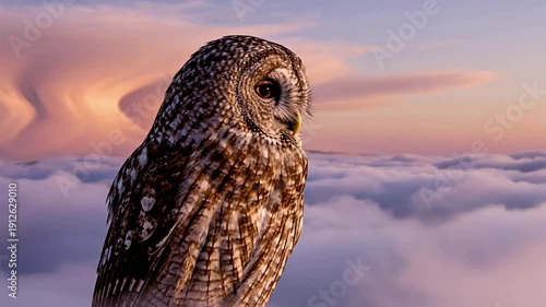 Owl perched on branch above clouds at sunrise.