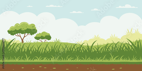 Serene landscape with green trees and grassy hills under sunny sky