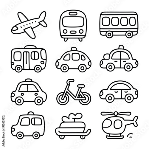 Transport Icons: A collection of simple, stylized illustrations showcasing various modes of transportation, perfect for educational materials, design projects, or thematic concepts.