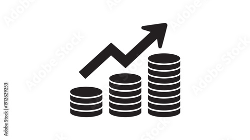Growing Coin Stacks in Simple Flat Design with Black Silhouette and Increasing Trend Arrow for Financial Infographics