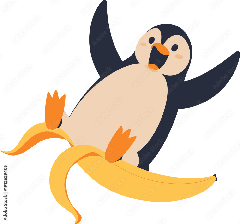 Naklejka premium Cute penguin slipping on banana peel cartoon vector