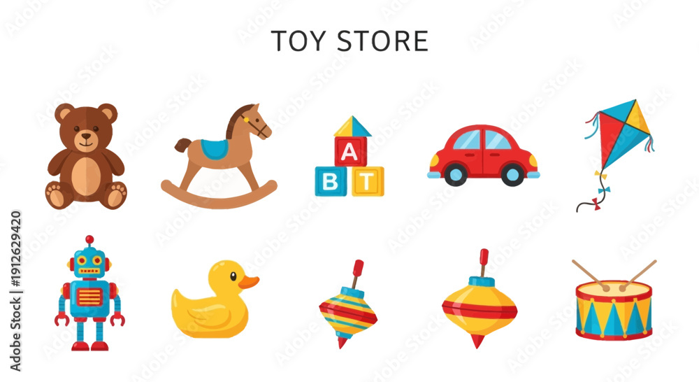 Fototapeta premium A collection of ten colorful flatdesign toys displayed under the text TOY STORE