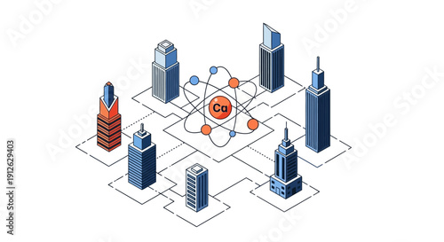 Isometric Calcium (Ca) Atom Network Diagram Connecting Modern City Skyscrapers. Science, Chemical Research, and Smart Urban Infrastructure Concept.