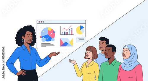 Professional Black Woman Presenting Data Analysis and Business Strategy to a Diverse Team Audience