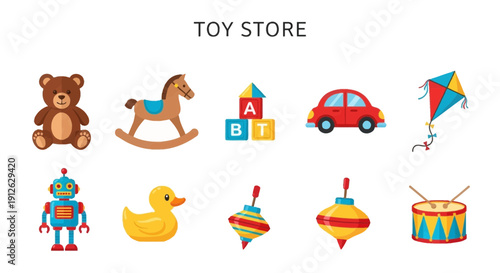 A collection of ten colorful flatdesign toys displayed under the text TOY STORE