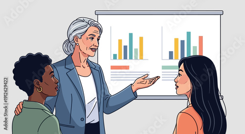 Senior Businesswoman Mentoring Diverse Female Colleagues During Presentation. Leadership, Data Analysis, and Corporate Teamwork Vector Illustration.