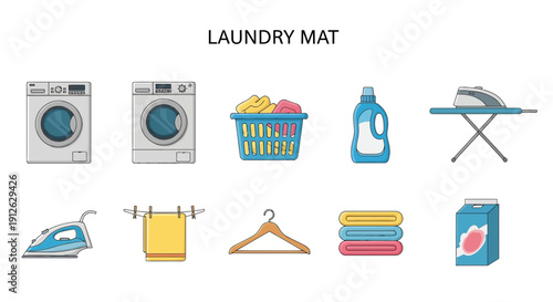 A collection of ten flatstyle icons related to laundry services against a white background