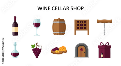 A collection of winerelated icons arranged in two rows under a WINE CELLAR SHOP title